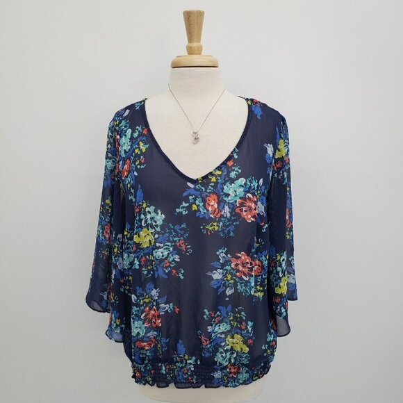 A.n.a Womens Floral Print Sheer Blouse Top Plus Size 2X Blue 3/4 Sleeve‎ V-Neck - Picture 1 of 14